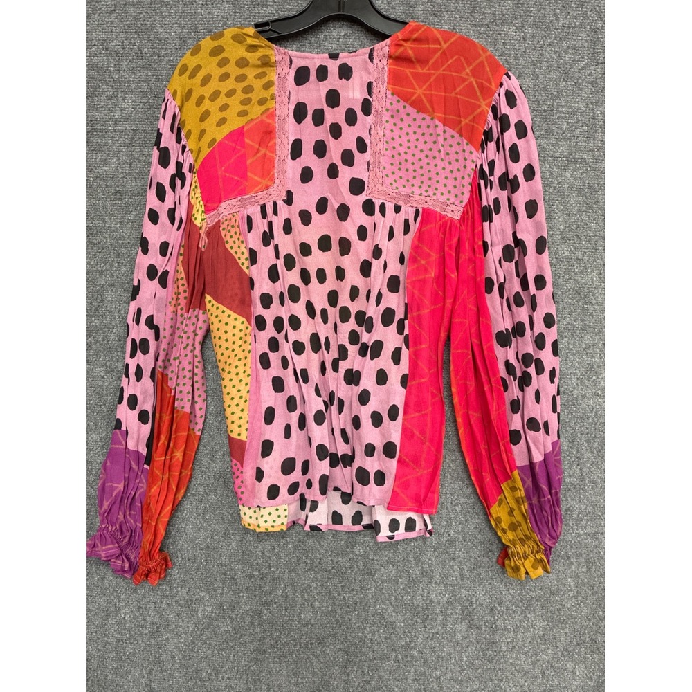 Blank London Patchwork Polka Dot Blouse Pink Red Geometric Lace Trim Small